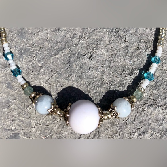 HAND CRAFTED Upcycled Blue White Silver Necklace earring set Feminine Delicate - Picture 2 of 14